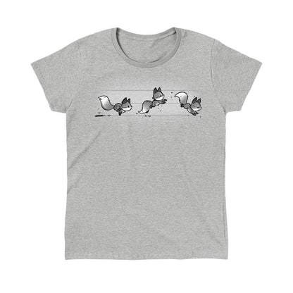 Classic Cotton T-shirt_TeeTurtle See Fox Run silver heather gray t-shirt featuring 3 gray cartoon foxes running in a line. 