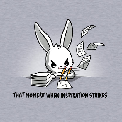 Classic Cotton T-shirt_TeeTurtle When Inspiration Strikes heather gray t-shirt featuring a white bunny rapidly writing on a stack of paper and making the paper fly away from writing so fast. "THAT MOMENT WHEN INSPIRATION STRIKES" is written below.