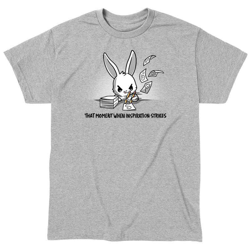 Classic Cotton T-shirt_TeeTurtle When Inspiration Strikes heather gray t-shirt featuring a white bunny rapidly writing on a stack of paper and making the paper fly away from writing so fast. "THAT MOMENT WHEN INSPIRATION STRIKES" is written below.