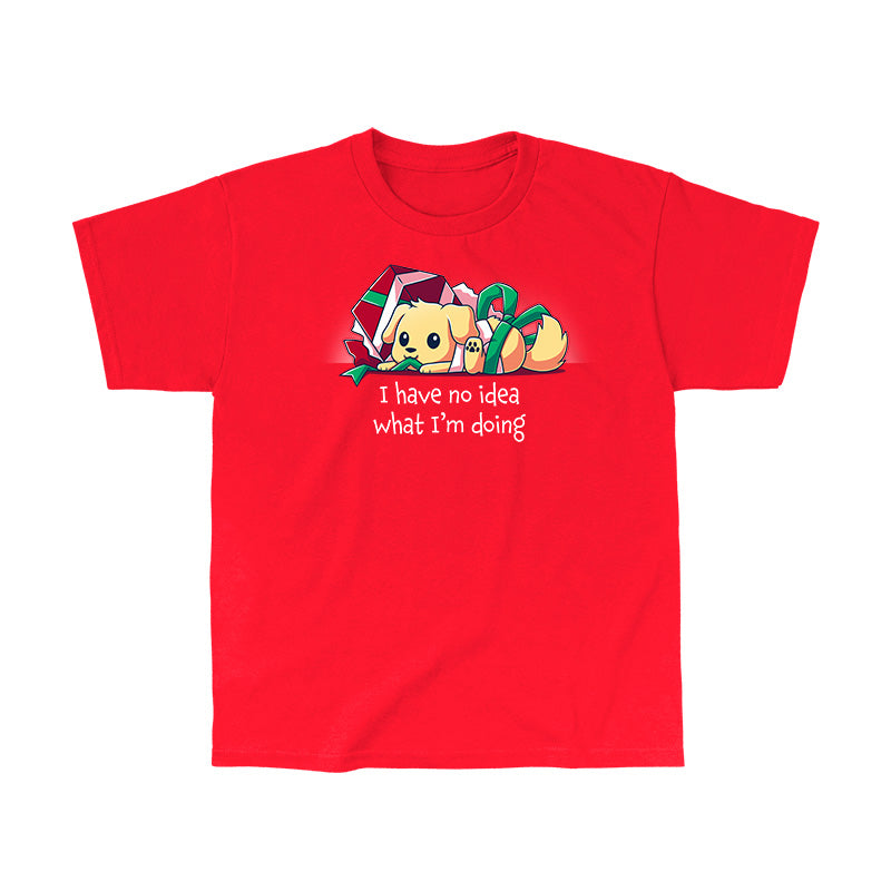 Classic Cotton T-shirt_TeeTurtle red Presently Confused apparel featuring a dog tangled up in wrapping paper and ribbon, with the caption, “I Have No Idea What I’m Doing”.
