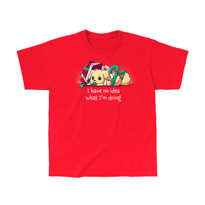 Classic Cotton T-shirt_TeeTurtle red Presently Confused apparel featuring a dog tangled up in wrapping paper and ribbon, with the caption, “I Have No Idea What I’m Doing”.