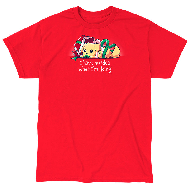 Classic Cotton T-shirt_TeeTurtle red Presently Confused apparel featuring a dog tangled up in wrapping paper and ribbon, with the caption, “I Have No Idea What I’m Doing”.