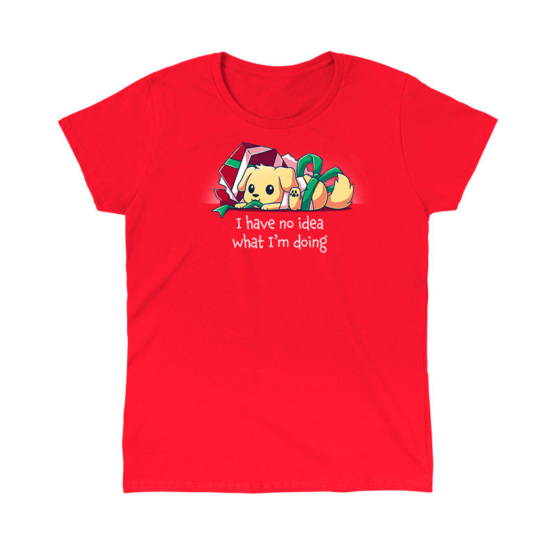 Classic Cotton T-shirt_TeeTurtle red Presently Confused apparel featuring a dog tangled up in wrapping paper and ribbon, with the caption, “I Have No Idea What I’m Doing”.