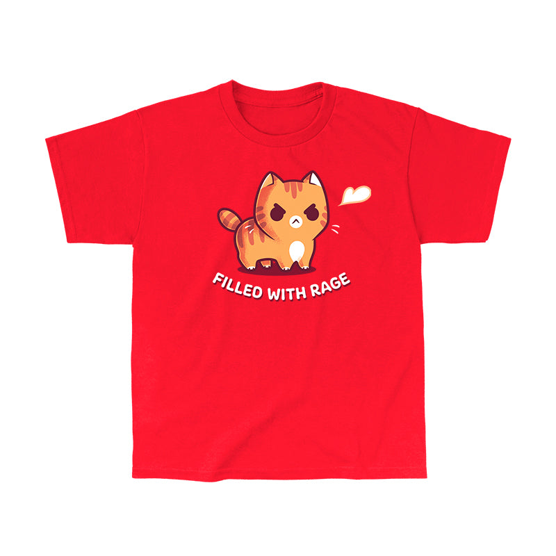 Kids' Classic T-Shirt_TeeTurtle red Filled With Rage Kids' Classic T-Shirt featuring an angry orange tabby cat puffed up with its tail raised and a small white puff beside it, with the text "Filled With Rage."