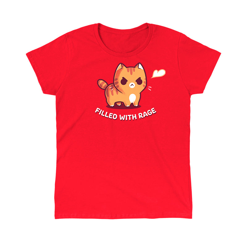 Women's Premium T-Shirt_TeeTurtle red Filled With Rage Women's Premium T-Shirt featuring an angry orange tabby cat puffed up with its tail raised and a small white puff beside it, with the text "Filled With Rage."