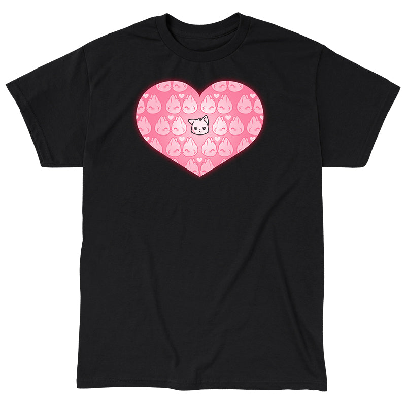 Classic Cotton T-shirt_TeeTurtle All by Meowself black t-shirt featuring multiple pink cats showing happy expressions surrounds a single central cat with a neutral expression.