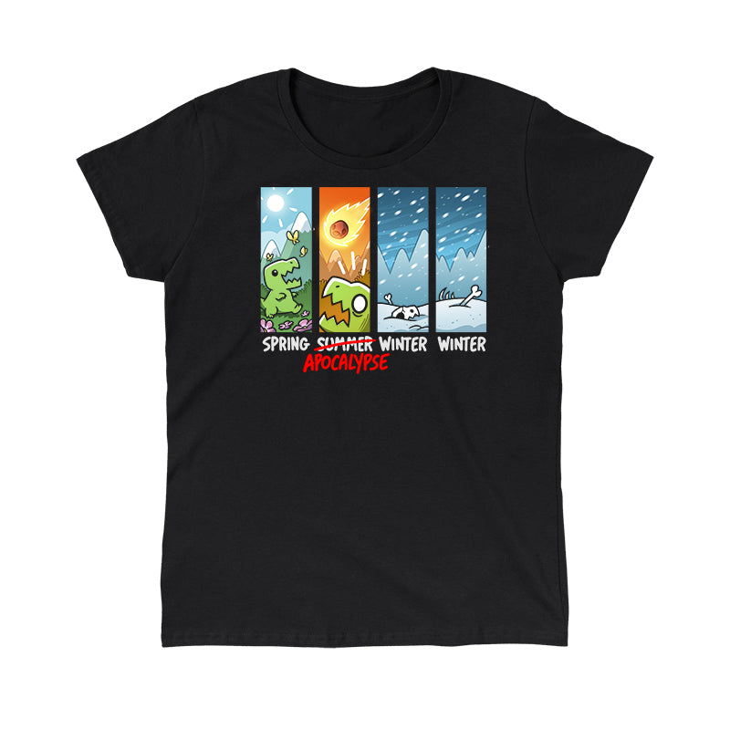 Classic Cotton T-shirt_TeeTurtle black Changing of the Seasons. Featuring a t-rex experiencing the changing seasons of spring, apocalypse, winter, and winter.