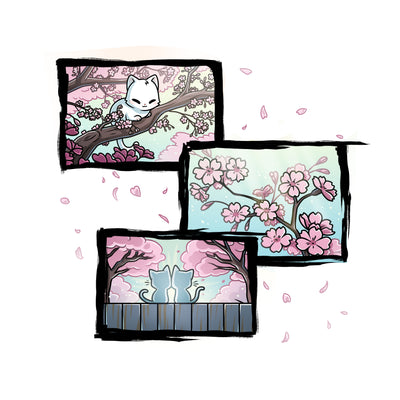 Premium Cotton T-shirt_TeeTurtle white Cherry Blossom Cats apparel featuring three panels, with the first one featuring a white cat sitting among the branches of a cherry blossom tree, the second one featuring a blooming cherry blossom branch, and the third one featuring two white cats sitting on a fence looking at cherry blossom trees.