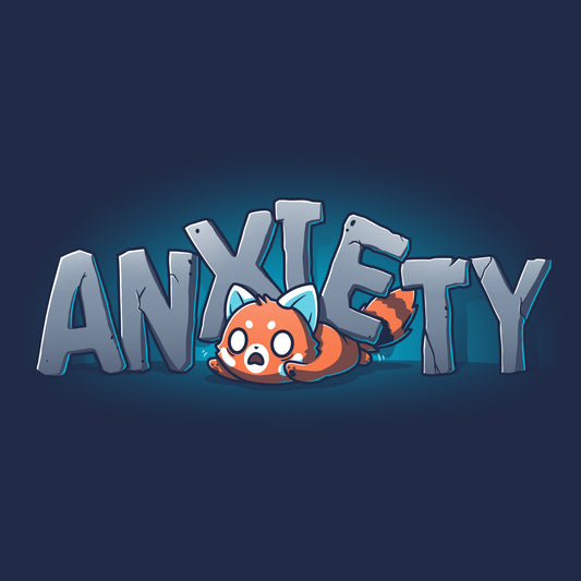 Illustration of a small, anxious orange animal lying under large, navy blue, 3D letters spelling 