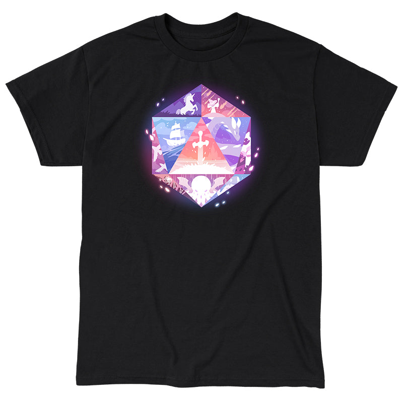 Classic Cotton T-shirt_TeeTurtle black D20 Adventures. Featuring a D20 with renditions of fantasy scenes in a stained-glass-like style on the die faces.