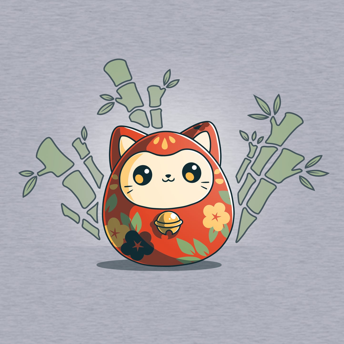 Classic Cotton T-shirt_TeeTurtle Daruma Kitty heather gray t-shirt featuring a little daruma cat wrapped in orange with yellow and blue flowers and green leaves. The daruma is surrounded by bamboo.