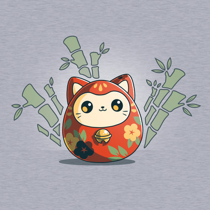 Classic Cotton T-shirt_TeeTurtle Daruma Kitty heather gray t-shirt featuring a little daruma cat wrapped in orange with yellow and blue flowers and green leaves. The daruma is surrounded by bamboo.