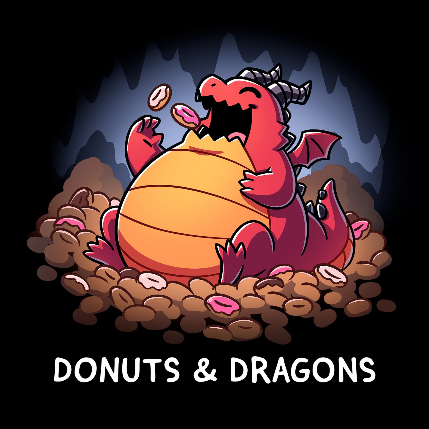 Crew Neck Sweatshirt_TeeTurtle black Donuts & Dragons apparel featuring a rotund dragon eating donuts on a pile of donuts inside a cave.