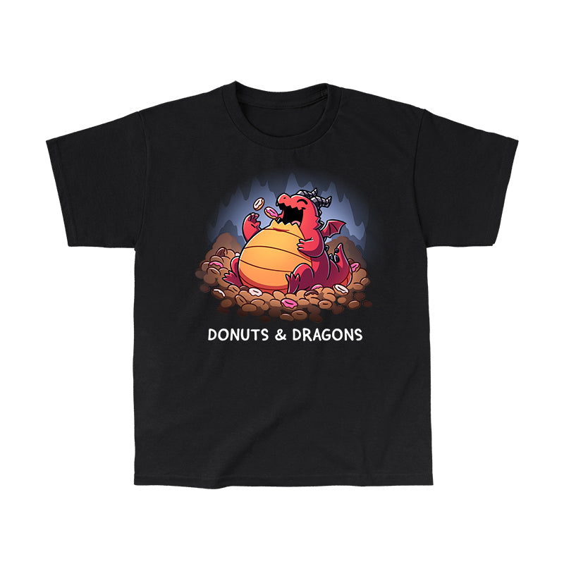 Classic Cotton T-shirt_TeeTurtle black Donuts & Dragons apparel featuring a rotund dragon eating donuts on a pile of donuts inside a cave.