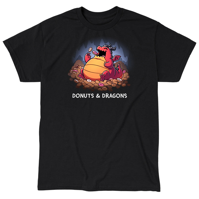 Classic Cotton T-shirt_TeeTurtle black Donuts & Dragons apparel featuring a rotund dragon eating donuts on a pile of donuts inside a cave.