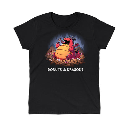 Classic Cotton T-shirt_TeeTurtle black Donuts & Dragons apparel featuring a rotund dragon eating donuts on a pile of donuts inside a cave.