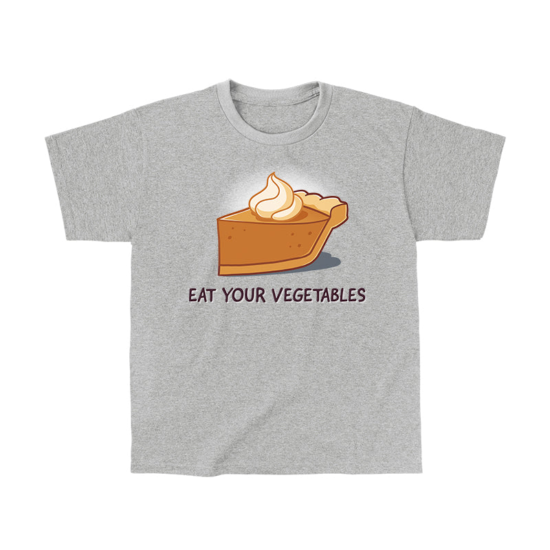 Classic Cotton T-shirt_TeeTurtle heather gray Eat Your Vegetables apparel featuring a slice of pumpkin pie with whipped cream on top, and the caption, “Eat Your Vegetables“.