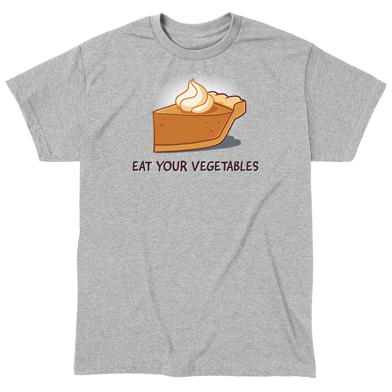 Classic Cotton T-shirt_TeeTurtle heather gray Eat Your Vegetables apparel featuring a slice of pumpkin pie with whipped cream on top, and the caption, “Eat Your Vegetables“.