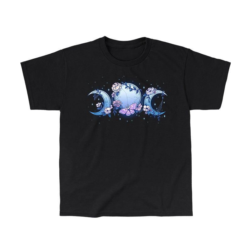 Classic Cotton T-shirt_TeeTurtle black Enchanted Moons featuring a full moon surrounded by crescent moons on each side with flowers, cobwebs, and a moth.