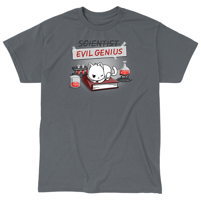 Classic Cotton T-shirt_TeeTurtle Evil Genius charcoal gray t-shirt featuring a white cat with a sly expression sitting on a book, surrounded by science equipment and red liquid in beakers. Above, a sign is crossed out that reads "SCIENTIST" with "EVIL GENIUS" written beneath it in red. 