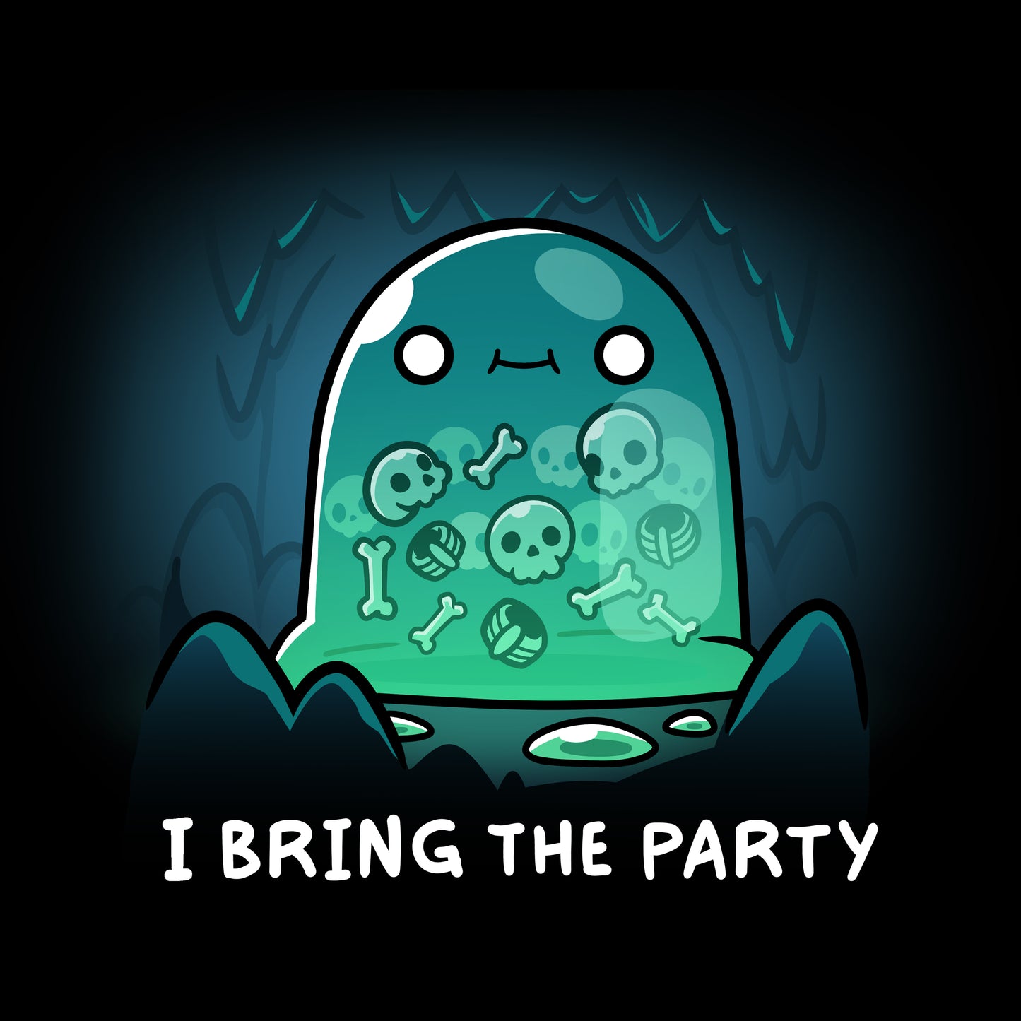 Classic Cotton T-shirt_TeeTurtle black I Bring the Party t-shirt featuring a giant slime monster with a small smile with multiple bones that can be seen in its transparent body inside a cave.