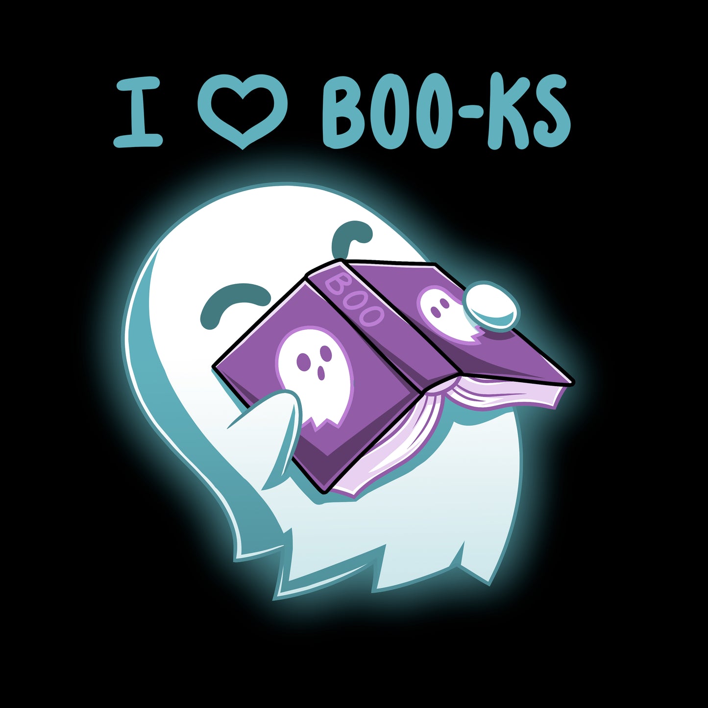Classic Cotton T-shirt_TeeTurtle black I Heart Boo-ks apparel featuring a happy ghost inhaling the scent of a book with the caption, "I <3 Boo-ks".
