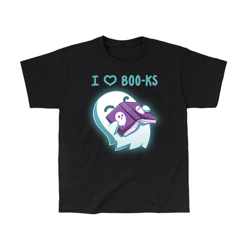 Classic Cotton T-shirt_TeeTurtle black I Heart Boo-ks apparel featuring a happy ghost inhaling the scent of a book with the caption, "I <3 Boo-ks".