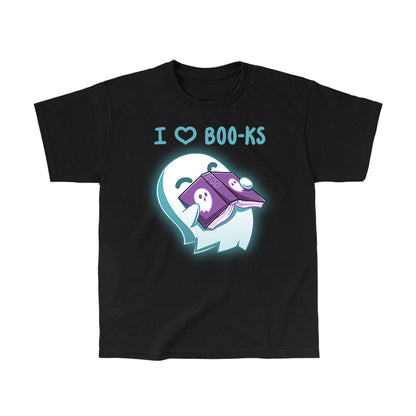 Classic Cotton T-shirt_TeeTurtle black I Heart Boo-ks apparel featuring a happy ghost inhaling the scent of a book with the caption, "I <3 Boo-ks".