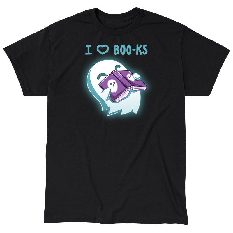 Classic Cotton T-shirt_TeeTurtle black I Heart Boo-ks apparel featuring a happy ghost inhaling the scent of a book with the caption, "I <3 Boo-ks".