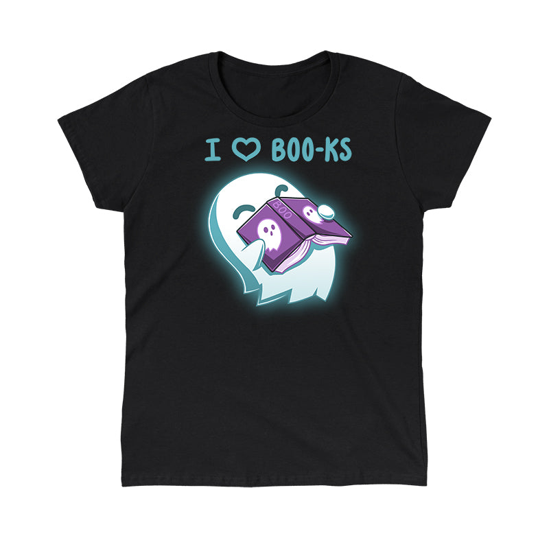 Classic Cotton T-shirt_TeeTurtle black I Heart Boo-ks apparel featuring a happy ghost inhaling the scent of a book with the caption, "I <3 Boo-ks".