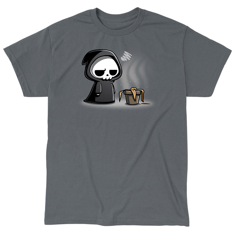 Classic Cotton T-shirt_TeeTurtle Plant Killer charcoal gray t-shirt featuring the grim reaper sadly looking at a dead plant.