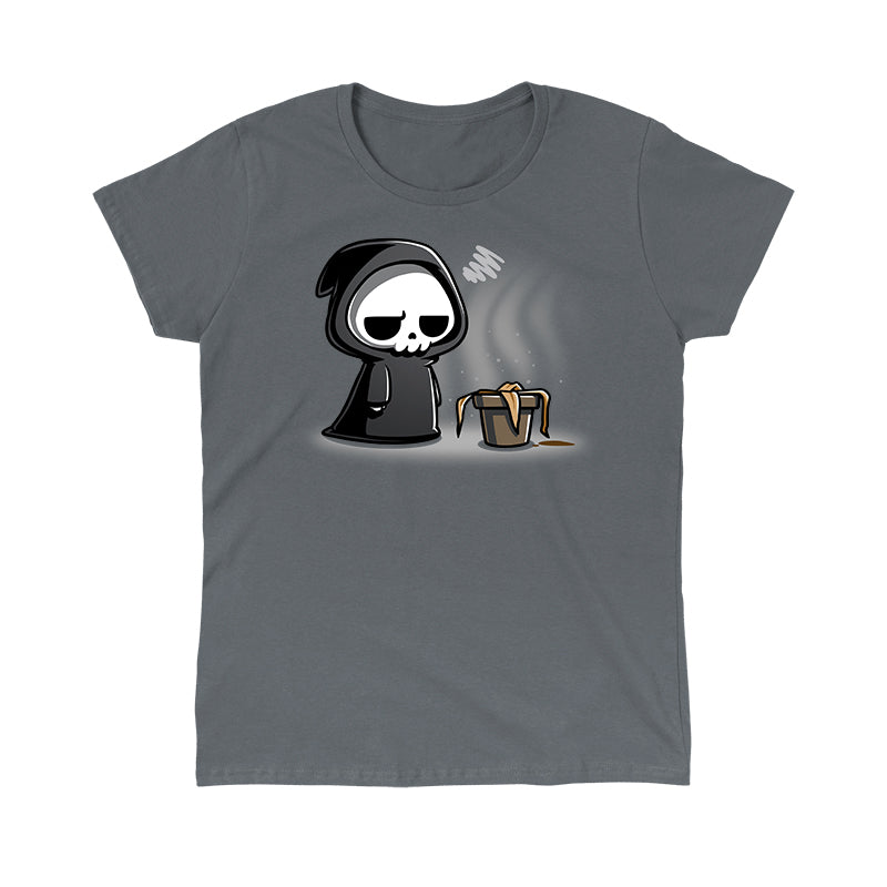 Classic Cotton T-shirt_TeeTurtle Plant Killer charcoal gray t-shirt featuring the grim reaper sadly looking at a dead plant.