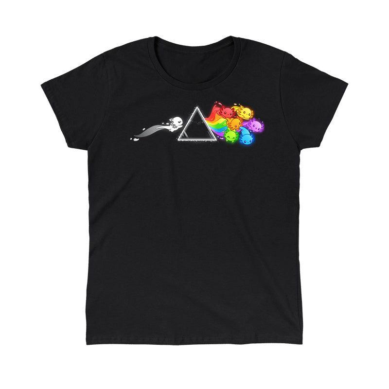 Classic Cotton T-shirt_TeeTurtle Prism Axo black t-shirt featuring a black and white axolotl swimming toward a prism and a pride rainbow of axolotls swimming away from the prism. 