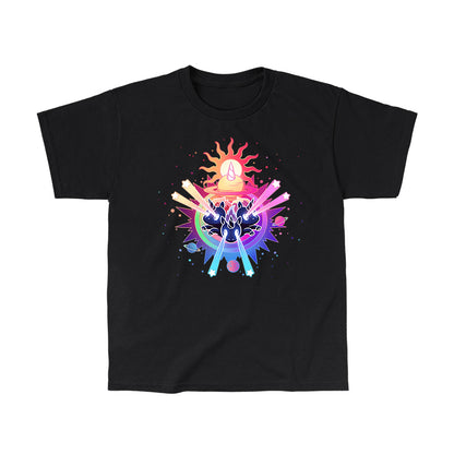 Classic Cotton T-shirt_TeeTurtle black Psychedelic Unicorns. Featuring unicorns shooting star-shaped lasers out of their eyes surrounded by psychedelic galactic elements.