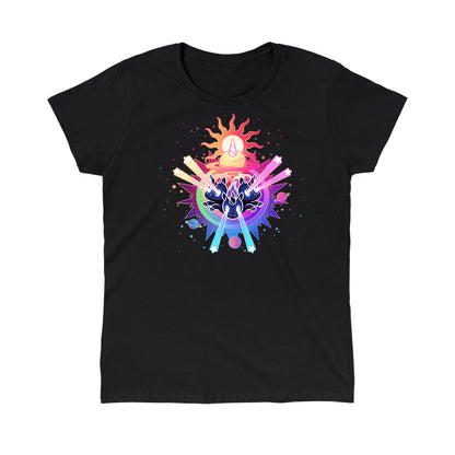 Classic Cotton T-shirt_TeeTurtle black Psychedelic Unicorns. Featuring unicorns shooting star-shaped lasers out of their eyes surrounded by psychedelic galactic elements.