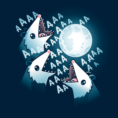 Classic Cotton T-shirt_TeeTurtle 3 Opossum Moon navy blue t-shirt featuring three opossums screaming at a glowing full moon with "AAA" repeated around their open mouths in this nature scene. 