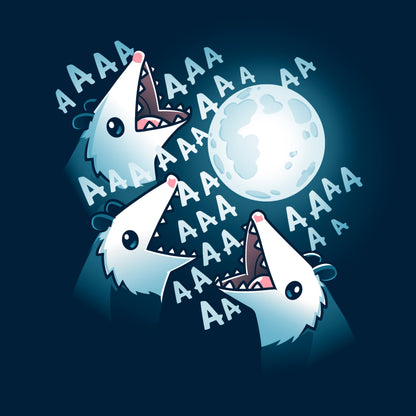 Pullover Hoodie_TeeTurtle 3 Opossum Moon navy blue design featuring three opossums screaming at a glowing full moon with "AAA" repeated around their open mouths in this nature scene. 