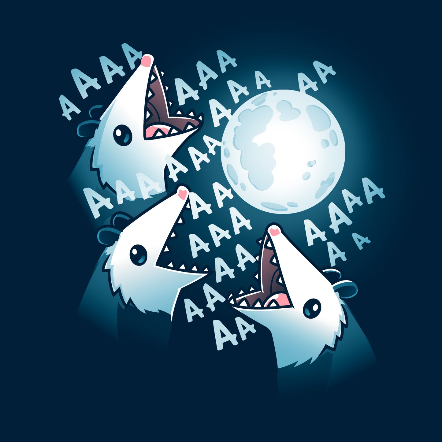 Crew Neck Sweatshirt_TeeTurtle 3 Opossum Moon navy blue design featuring three opossums screaming at a glowing full moon with "AAA" repeated around their open mouths in this nature scene. 