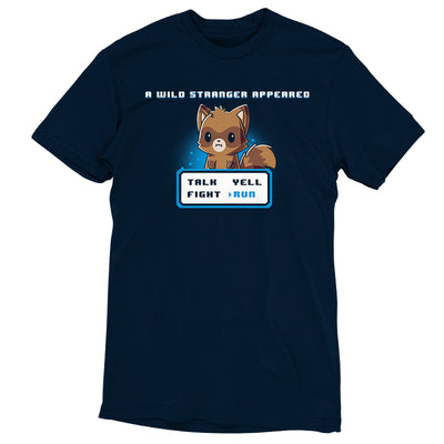 Premium Cotton T-shirt_TeeTurtle navy blue A Wild Stranger Appeared featuring a Raccoon beneath the words 'A Wild Stranger Appeared' with a RPG input screen with 'Talk, Yell, Fight, Run' beneath with 'Run' selected.