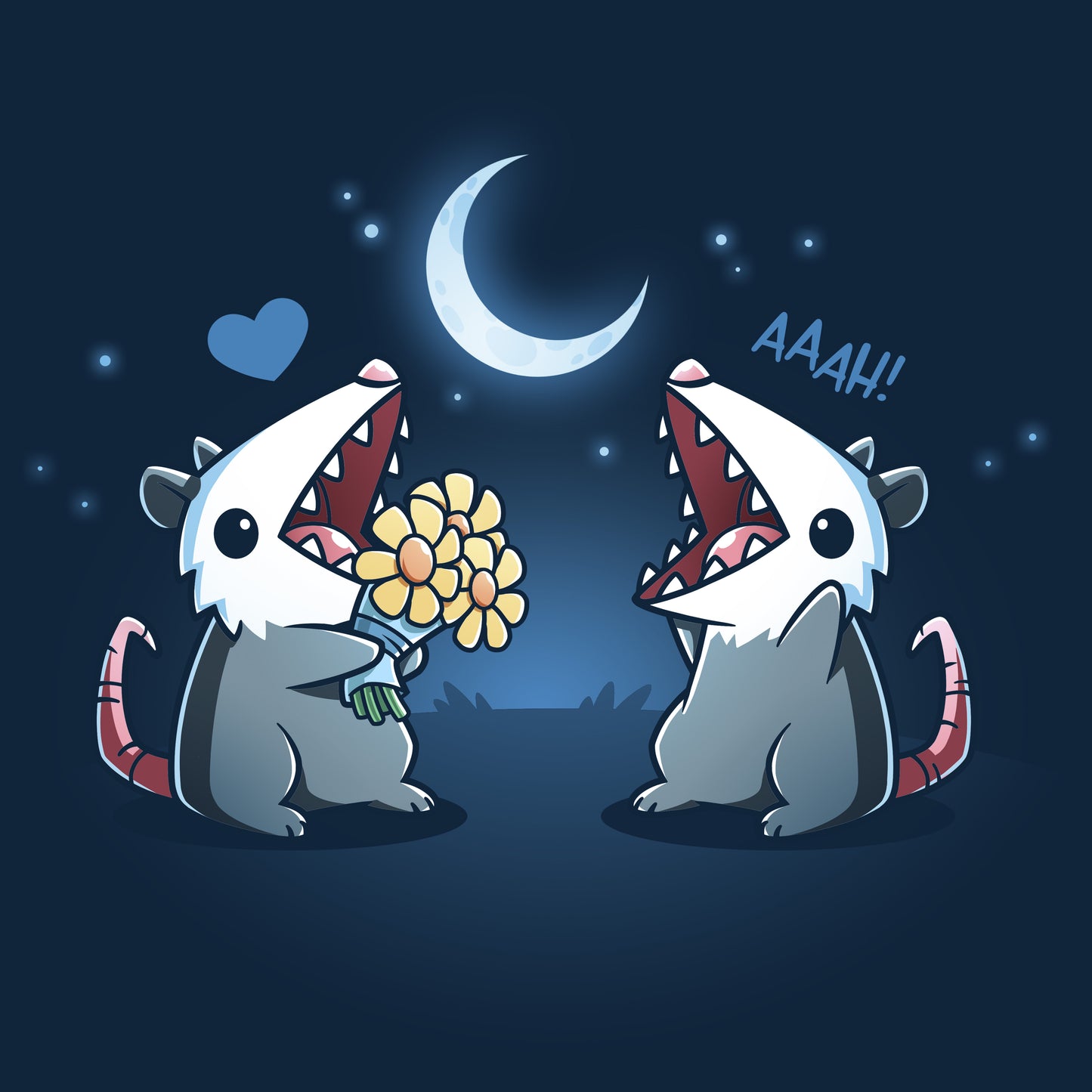 Crew Neck Sweatshirt_TeeTurtle  navy blue AAAH Love You apparel featuring two an opossum handing flowers to another opossum exclaiming, "AAAH!" under a moonlit sky.