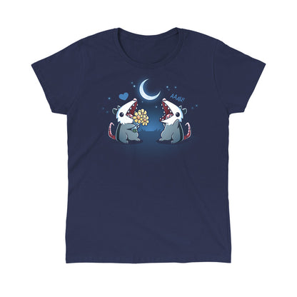 Classic Cotton T-shirt_TeeTurtle  navy blue AAAH Love You apparel featuring two an opossum handing flowers to another opossum exclaiming, "AAAH!" under a moonlit sky.