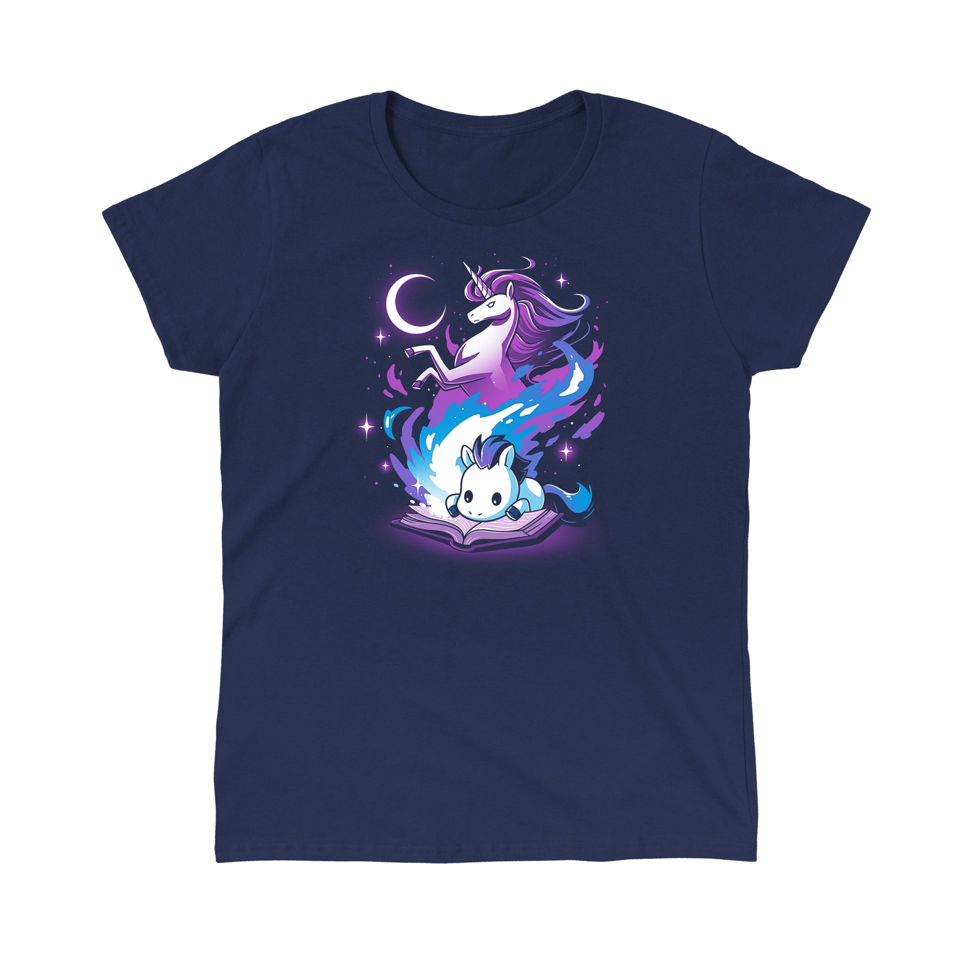 Classic Cotton T-shirt_TeeTurtle A Magical Tale navy blue t-shirt featuring an imaginative young horse reading a book with a magical unicorn in the background.