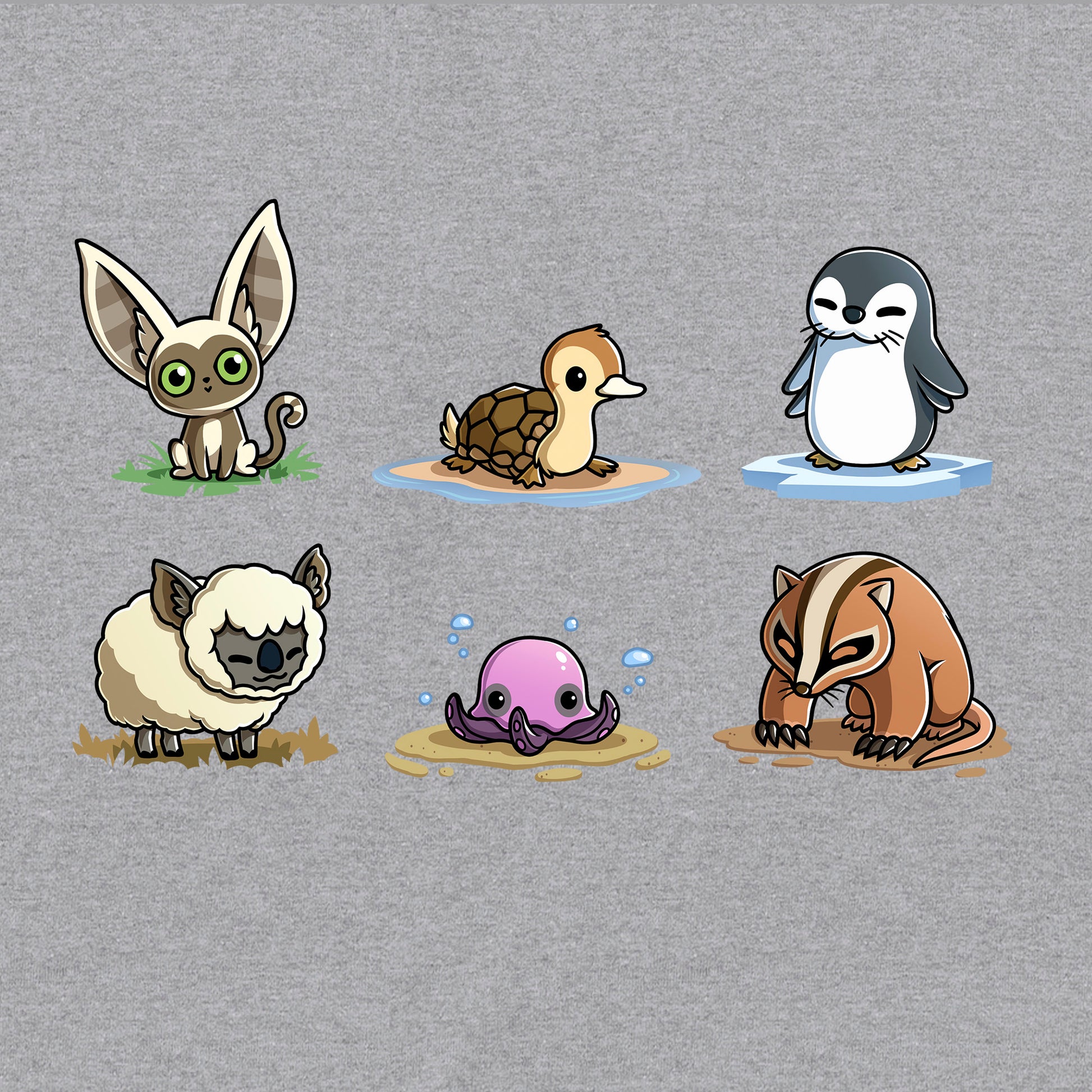 Crew Neck Sweatshirt_TeeTurtle heather gray Avatar Animal Friends apparel featuring Momo, turtle duck, otter penguin, koala sheep, purple pentapus, and badgermole in a grid.