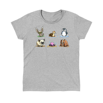 Classic Cotton T-shirt_TeeTurtle heather gray Avatar Animal Friends apparel featuring Momo, turtle duck, otter penguin, koala sheep, purple pentapus, and badgermole in a grid.
