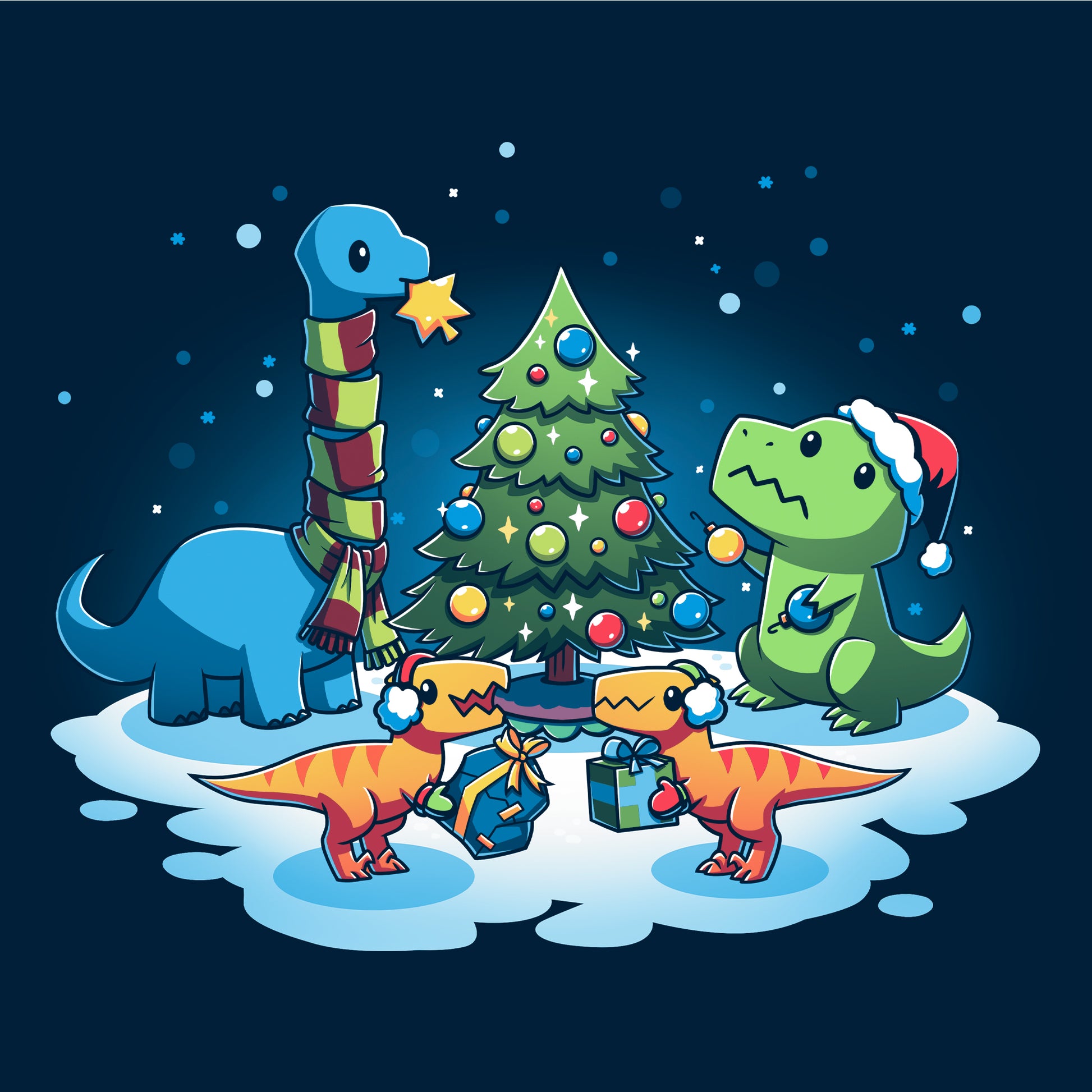 Long Sleeve T-shirt_TeeTurtle A Very Dino Christmas navy blue t-shirt featuring dinosaurs celebrating around a decorated Christmas tree with snow on the ground and dinosaurs holding presents.