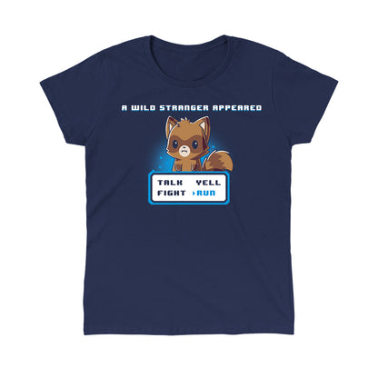 Classic Cotton T-shirt_Teeturtle A Wild Stranger Appeared navy blue featuring a raccoon beneath the words 'A Wild Stranger Appeared' with a RPG input screen with 'Talk, Yell, Fight, Run' beneath with 'Run' selected.