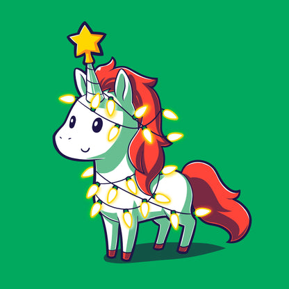 Classic Cotton T-shirt_TeeTurtle A Unicorny Christmas irish green  t-shirt featuring a white unicorn with red mane and tail with a star on its horn and Christmas lights around it.