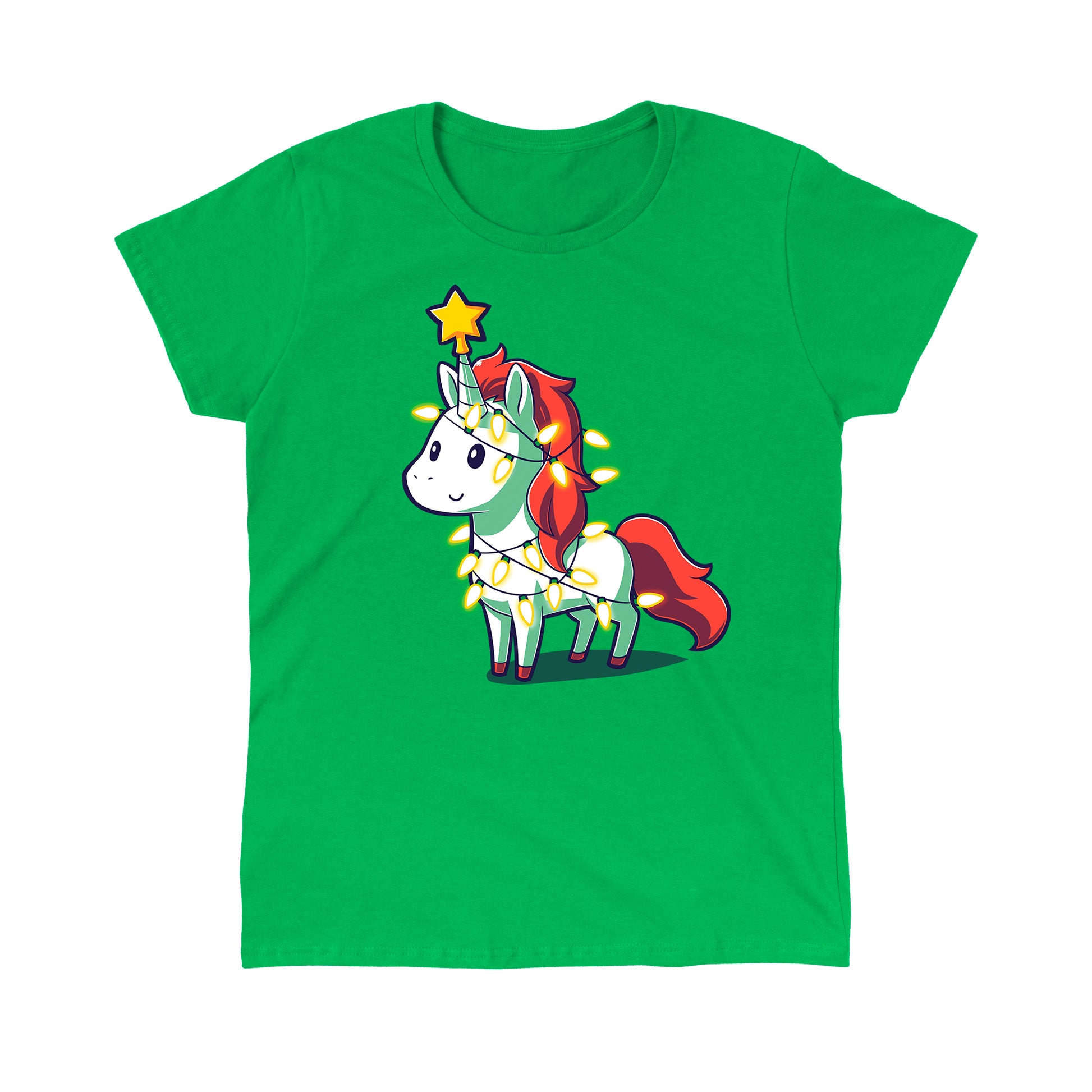 Classic Cotton T-shirt_TeeTurtle A Unicorny Christmas irish green  t-shirt featuring a white unicorn with red mane and tail with a star on its horn and Christmas lights around it.