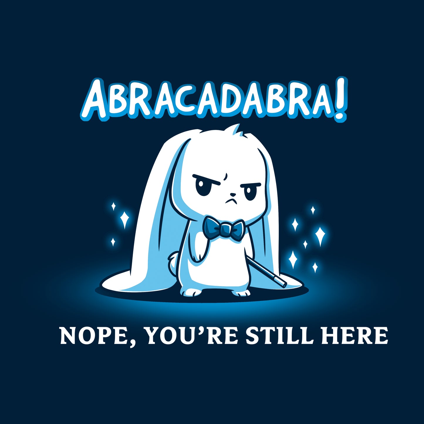 Classic Cotton T-shirt_TeeTurtle Abracadabra navy blue t-shirt featuring a serious-looking white rabbit wearing a bow tie and holding a magic wand 