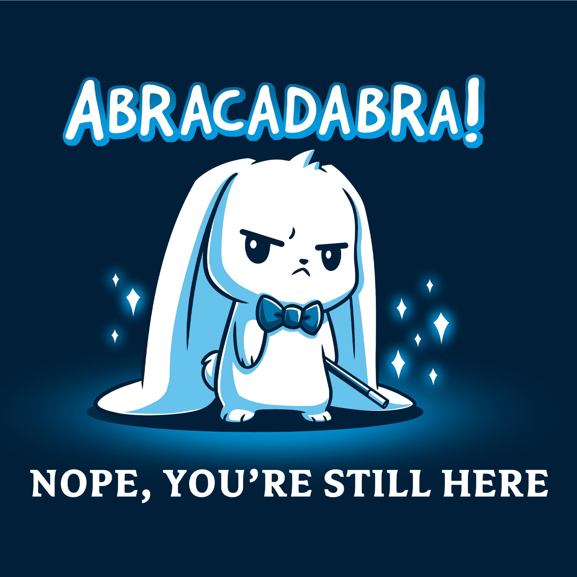 Pullover Hoodie_TeeTurtle Abracadabra navy blue t-shirt featuring a serious-looking white rabbit wearing a bow tie and holding a magic wand 